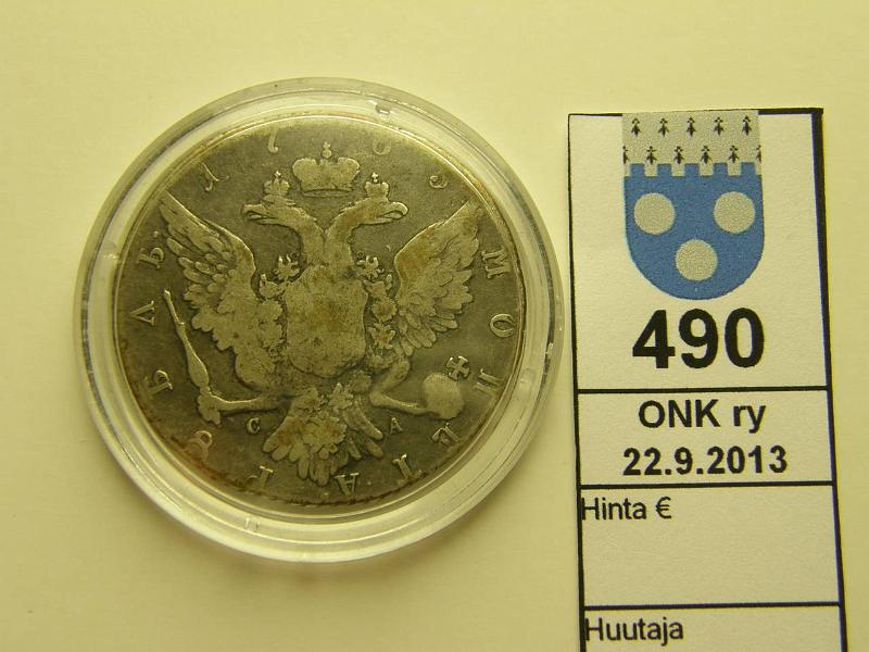 k-0490-a.jpg - Kohde 490, lhthinta: 100 € 1 rpl 1765 C#67.2a Ag (ei jlkimyynniss), kunto: 3