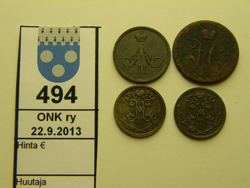 k-0494-a.jpg - Kohde 494, lhthinta: 5 € / myyntihinta: 5 €  kop (4) 184?-1912 C#143.3; Y#2.3; 48.1 Cu, Denga 1859(kl3); kop 1820 (kl1), 1898(kl6), 1912(kl5), , kunto: 1-6