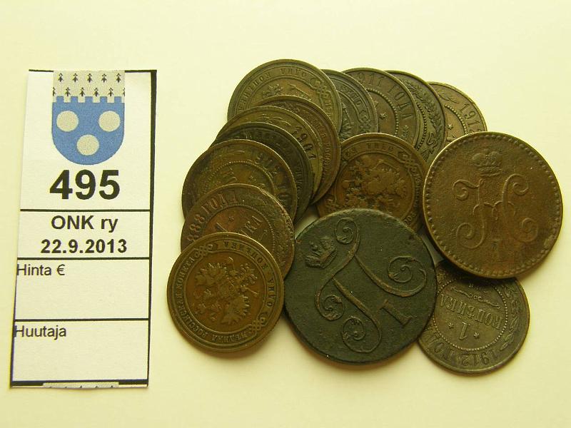 k-0495-a.jpg - Kohde 495, lhthinta: 5 € / myyntihinta: 11 € 1 kop (15) 1800-1915 C#94.2; 144.3; Y#9.2; 9.3 Cu, 1kop 1800EM, -40, -88, -89, -98, 1901(2kpl), -02, -03, -05, -10, -11, -12(2kpl), -14, -15. Monissa sypymi ja rvja, kunto: 2-6