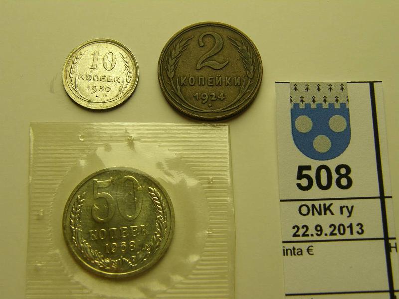 k-0508-a.jpg - Kohde 508, lhthinta: 3 € / myyntihinta: 11 € 2-50 kop er (3) 1924-68 2kop 1924 prvja (kl4); Ag 10kop 1930 puhd (kl5); 50kop 1968 (kl8), kunto: 4-8