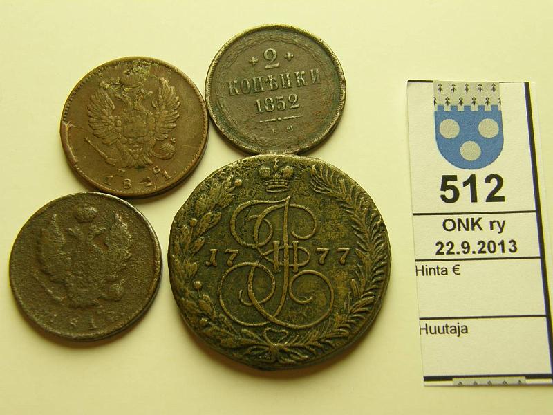 k-0512-a.jpg - Kohde 512, lhthinta: 5 € / myyntihinta: 14 € 2-5 kop er (4) 1777-1852 Cu, 2kop 1810, 1881, 1852EM; 5kop 1777EM (kl4/5). Vikoja, kunto: 1-5