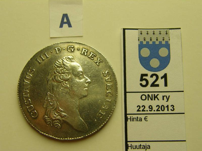 k-0521-a.jpg - Kohde 521 (kuva 1/2), lhthinta: 120 € / myyntihinta: 145 € 1 RD 1783 KM#527 Ag, Gustaf III, epmv, epij, kaunis kokoelmakappale, kapseli, kunto: 6