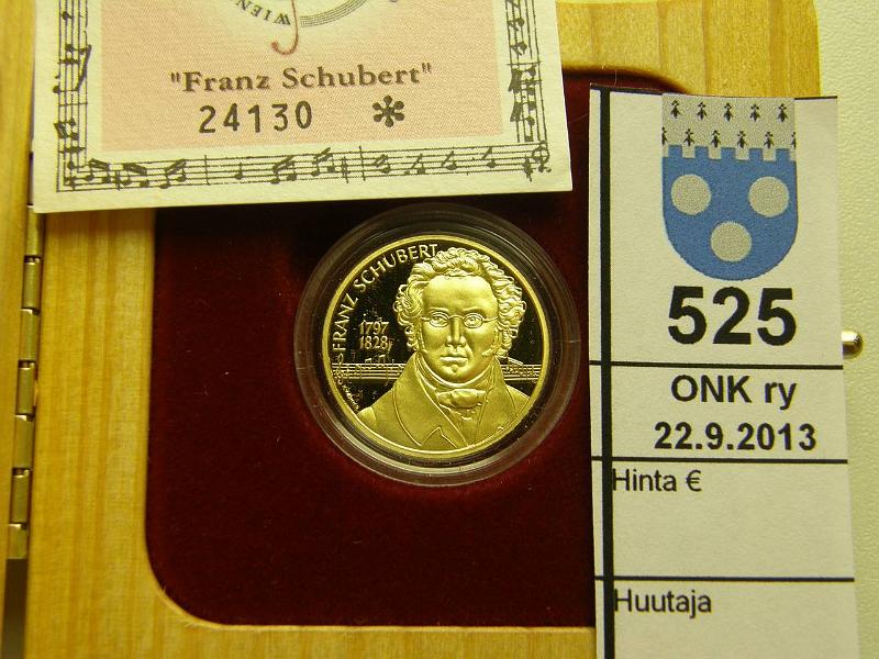 k-0525-a.jpg - Kohde 525, lhthinta: 240 € Itvalta 500 sch 1997 KM#3040 Au, proof 8,04 g/995, Franz Schubert, puulaatikko, tod, kunto: 10