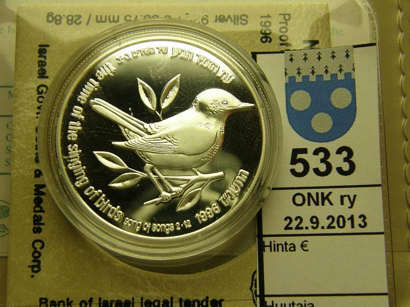 k-0533-a.jpg - Kohde 533, lhthinta: 40 € / myyntihinta: 44 € Israel 2 ns 1996 KM#295 Ag, proof 28,8 g/925, 2 new shequalim JE5757, kotelo, tod, kunto: 10