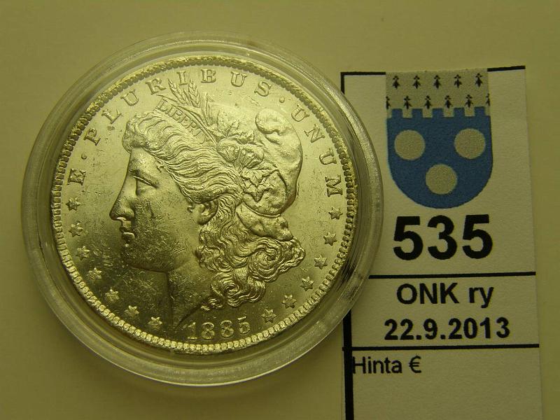 k-0535-a.jpg - Kohde 535, lhthinta: 20 € / myyntihinta: 26 € USA 1 D 1885 O, KM#110 Ag, 26,73 g/900, Morgan dollar, O=New Orleans, eprvja, hnja. Hyv kunto!, kunto: 8/7