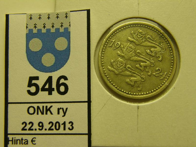 k-0546-a.jpg - Kohde 546, lhthinta: 15 € / myyntihinta: 22 € Eesti 5 marka 1924 KM#3a NiBr, kntynyt meisti n. 40 astetta, kunto: 5