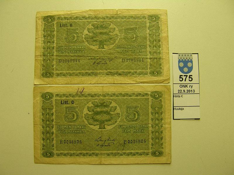 k-0575-a.jpg - Kohde 575, lhthinta: 5 € / myyntihinta: 6 € 5 mk 1922 LB, LC SNY 123.3;123.4, LB D0767944 BUR-OAs rep, LC B0036805 HEU-OAs, rep, km, kunto: 2,3