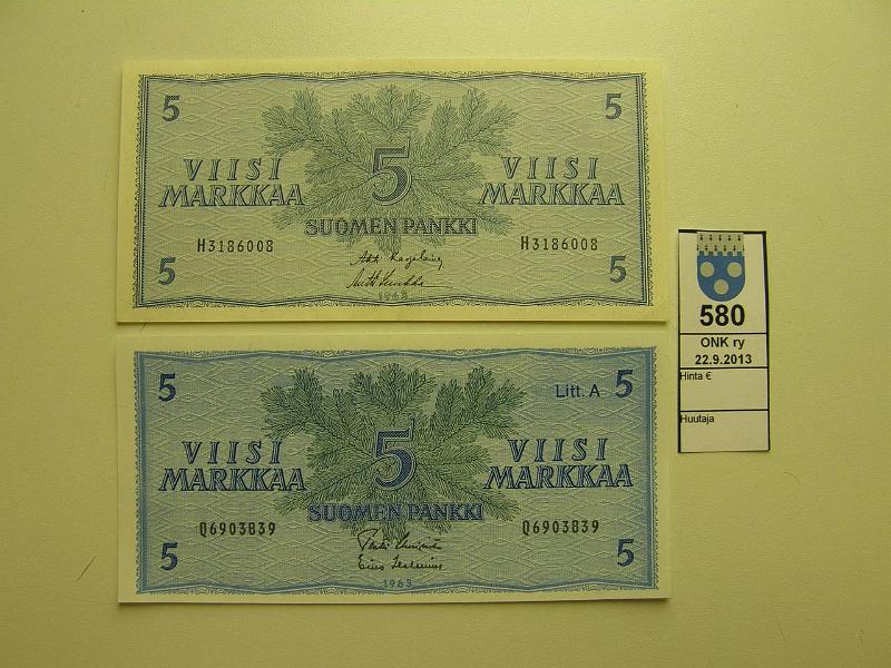 k-0580-a.jpg - Kohde 580, lhthinta: 8 € / myyntihinta: 8 € 5 mk 1963, -63 LA SNY 135.1;135.3, H3186008 KA I-Luu; LA Q6903839 UUS-Hes, kunto: 8