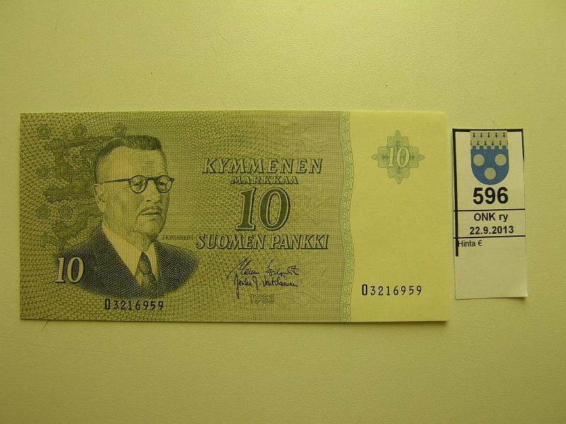 k-0596-a.jpg - Kohde 596, lhthinta: 40 € / myyntihinta: 105 € 10 mk 1963 ilman Litt SNY 146.1 O3216959 KOI-Vou, eritt.harv. allek (V) (puuttuu Mnkreen kirjasta), vl I. Ei taitteita, hieman reunaeloa toisessa pdyss, kunto: 8