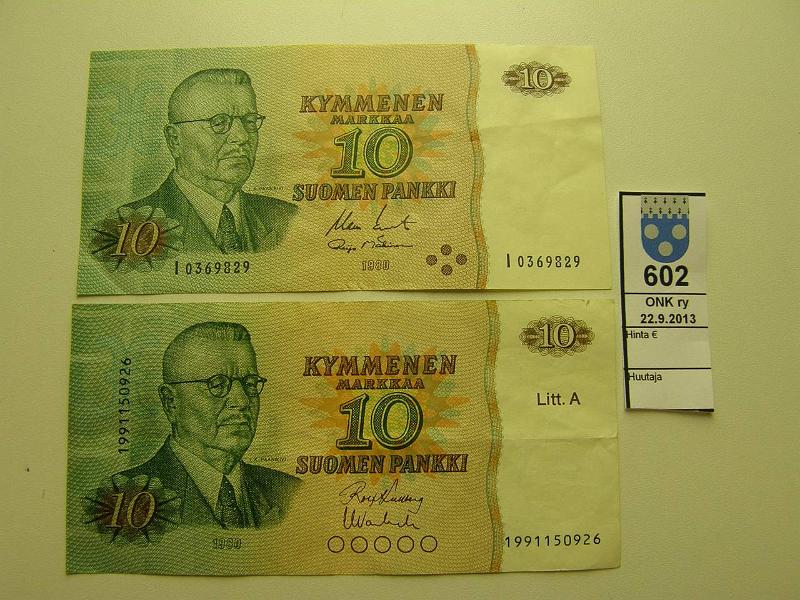 k-0602-a.jpg - Kohde 602, lhthinta: 40 € / myyntihinta: 46 € 10 mk 1980 (2) korvaavia SNY 147.3;147.5, I0369829 KO II-M1; LA 1991150926 KUL-Van, kunto: 5,4