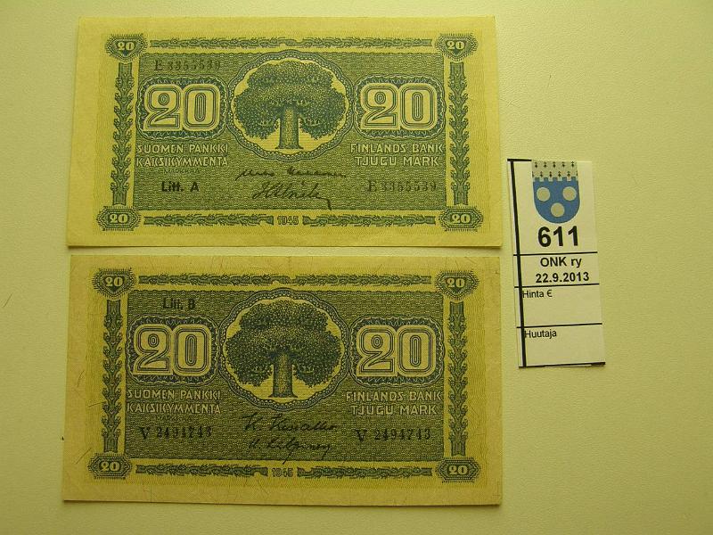 k-0611-a.jpg - Kohde 611, lhthinta: 5 € / myyntihinta: 9 € 20 mk 1945 LA, LB SNY 160.1;160.2, LA E3355539 KEK-Als; LB V2494743 KIV-Kil, kunto: 7,4