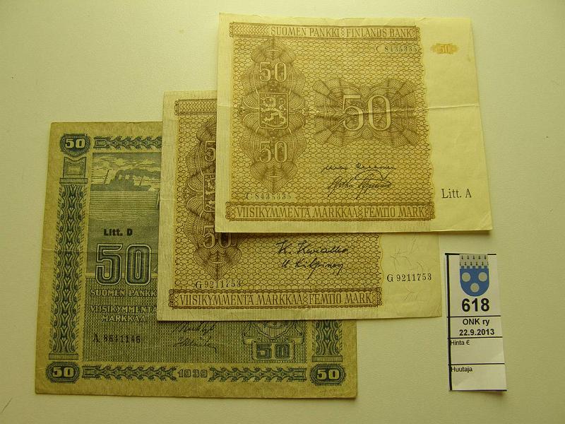 k-0618-a.jpg - Kohde 618, lhthinta: 5 € / myyntihinta: 34 € 50 mk 1939 LD, -45 LA, LB 1939 LD A8641146 ep.reiki RYT-Als harv. allek. (v) (kl3); 1945 LA C8435335 KEK-AAs (kl5); LB G9211753 KIV-Kil (kl4), kunto: 4-5