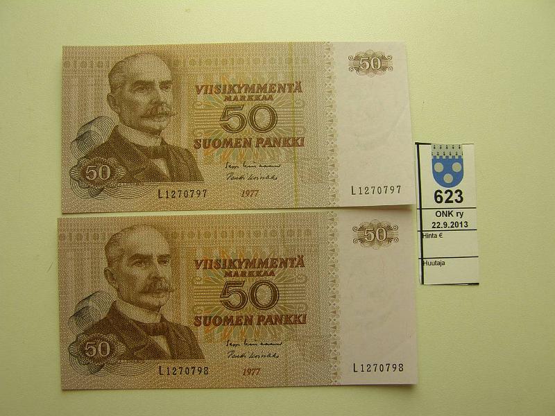 k-0623-a.jpg - Kohde 623, lhthinta: 25 € / myyntihinta: 42 € 50 mk 1977 (2) SNY 171.1 L1270797-8 LIN-Koi, 2 perk. nro:a, kunto: 9