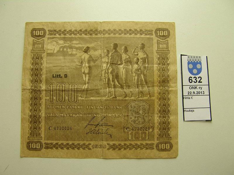 k-0632-a.jpg - Kohde 632, lhthinta: 5 € / myyntihinta: 6 € 100 mk 1939 LD SNY 179.2 C4730024 ep.rep RAI-Als, vl II, kunto: 3