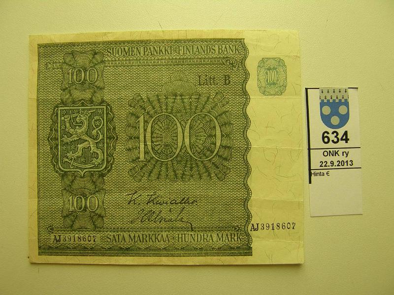 k-0634-a.jpg - Kohde 634, lhthinta: 5 € / myyntihinta: 5 € 100 mk 1945 LB SNY 180.2 AJ3918607 KIV-Als, kunto: 5