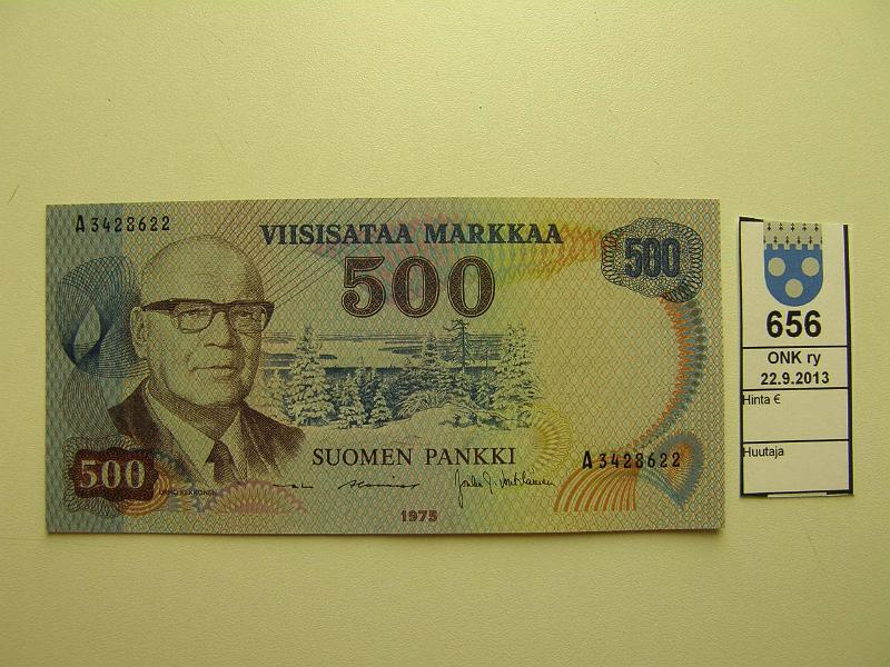 k-0656-a.jpg - Kohde 656, lhthinta: 100 € 500 mk 1975 SNY 193.2 A3428622 ALE-Vou, muovinen turvalanka, kunto: 7