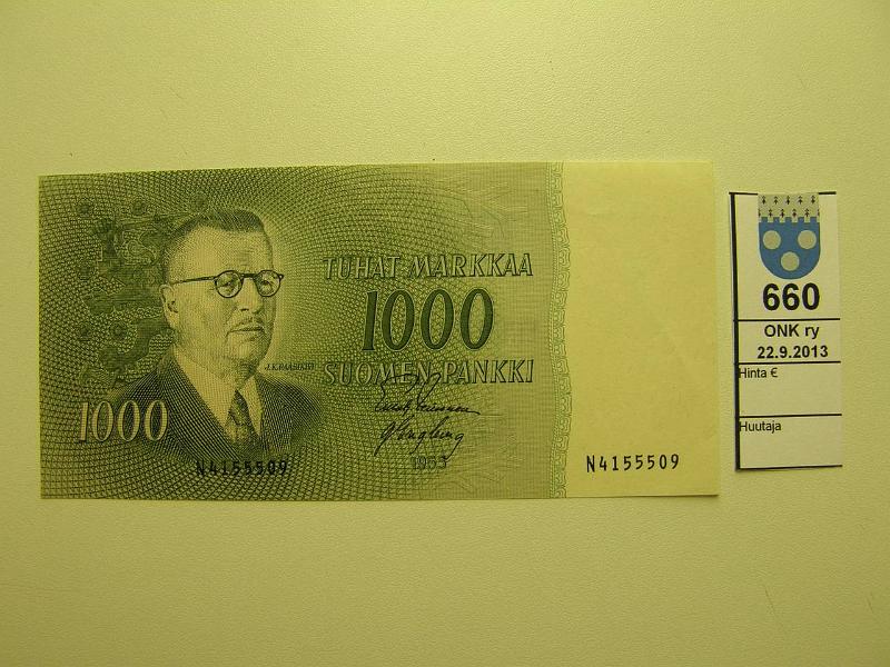 k-0660-a.jpg - Kohde 660, lhthinta: 50 € / myyntihinta: 50 € 1000 mk 1955 SNY 200.1 N4155509 LEI-Eng, vl 1, ei kierrossa, ei lpi setelin taitteita, kulmassa kevyt painauma, kunto: 8