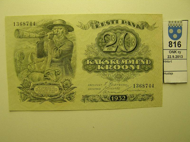 k-0816-a.jpg - Kohde 816, lhthinta: 10 € / myyntihinta: 24 € Eesti 20 kr 1932 P#64a Eesti Pank, kunto: 9