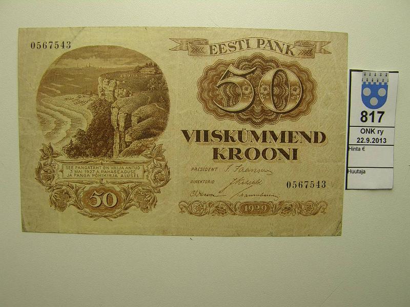 k-0817-a.jpg - Kohde 817, lhthinta: 15 € / myyntihinta: 18 € Eesti 50 kr 1929 P#65 Eesti Pank 567543, reunoissa kulumaa, kunto: 4