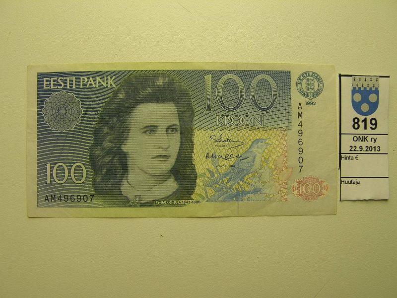 k-0819-a.jpg - Kohde 819, lhthinta: 30 € / myyntihinta: 30 € Eesti 100 kr 1992 P#74 AM496907, harvinainen vuosi, kunto: 5