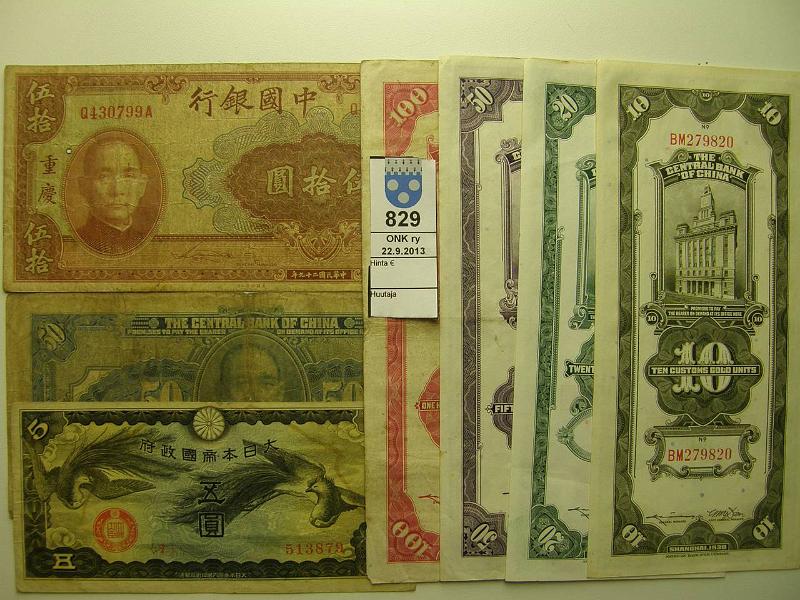 k-0829-a.jpg - Kohde 829, lhthinta: 15 € / myyntihinta: 28 € Kiina/Japani (7) 1924-1930 Japani 5 jen lintuaihe; Kiina 10, 20, 50 ja 100 custom gold units (Shanghai) -30; 50 dollars -24 (Chungking), -28 (Shanghai). Osassa rep, reiki, kunto: 3-6