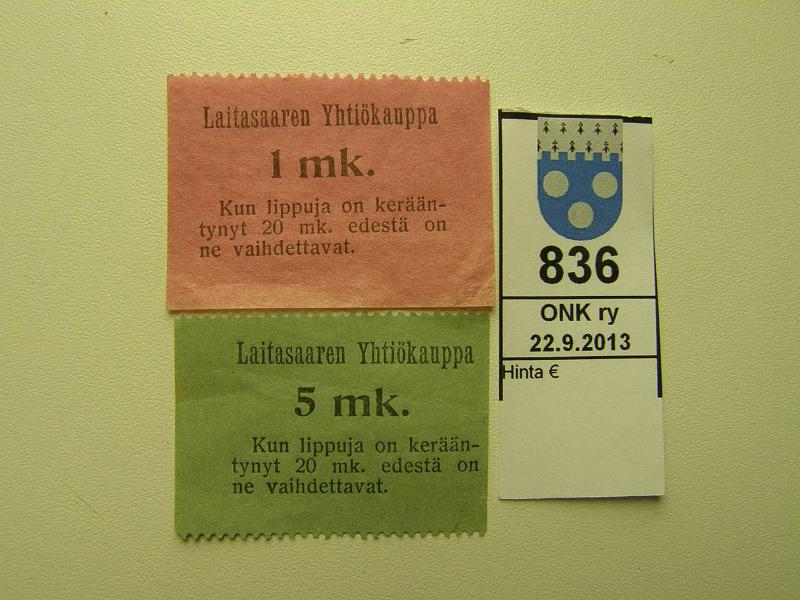 k-0836-a.jpg - Kohde 836, lhthinta: 10 € / myyntihinta: 26 € 1 ja 5 mk Laitasaaren yhtikauppa, ei Pasasen kirjassa, kunto: 7,8