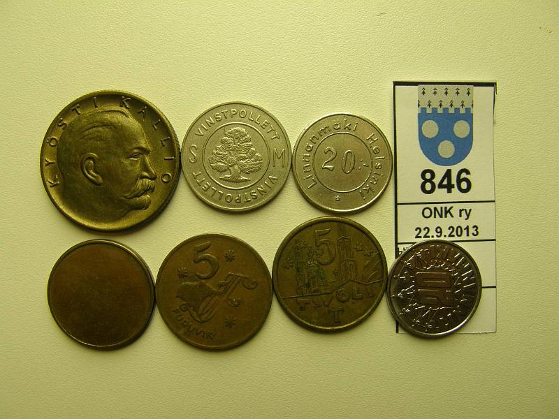 k-0846-a.jpg - Kohde 846, lhthinta: 5 € / myyntihinta: 5 € Er (7) S-pankkimitali K. Kallio-63; 5T Tivoli Vinstpolet; 5 Furuvik; 20 Linnanmki (2 eril); SM vinstpolet; raha-aihio, kunto: 5-9