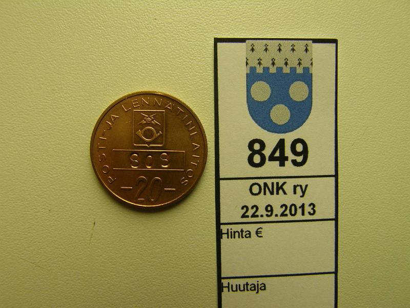 k-0849-a.jpg - Kohde 849, lhthinta: 10 € Posti- ja lenntinlaitos 20 p rahake, leima 808, kyttmtn, kunto: 9