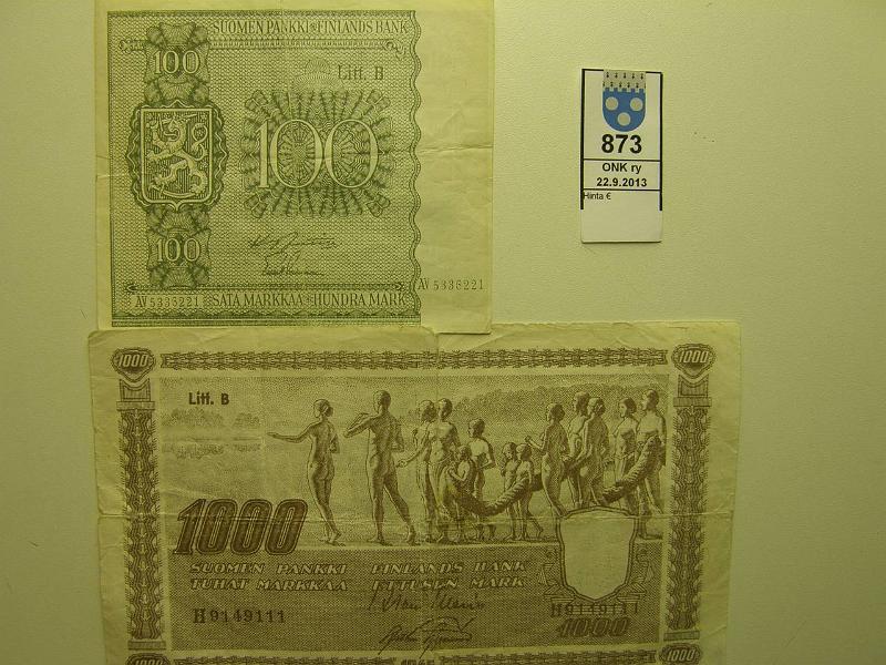 k-0873-a.jpg - Kohde 873, lhthinta: 5 € / myyntihinta: 12 € Teatteriseteleit (2) 1945 100mk 1945 LA, 1000mk 1945 LB, molemmat puolet samanlaisia, rep, reiki, kunto: 3-4