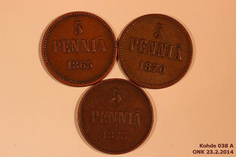 k-0038-a.jpg - Kohde 38, lhthinta: 25 € / myyntihinta: 26 € 5 p 1865-73 (3) 1865 (kl4), 70 (kl3), 73 (kl5, ij), kunto: 3,3,5