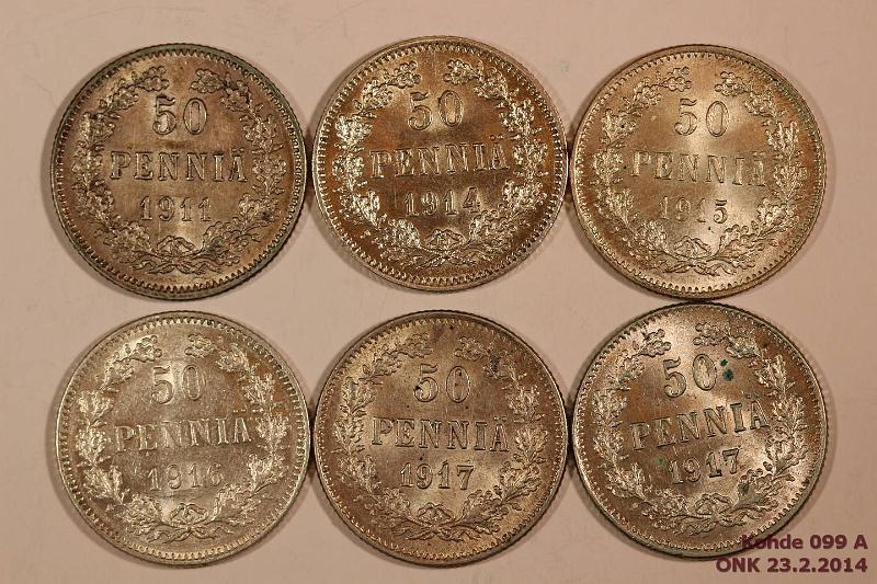 k-0099-a.jpg - Kohde 99, lhthinta: 5 € / myyntihinta: 21 € 50 p 1911-17 (6) Ag, kaikki v:t 1911, 14, 15, 16, 17 I+II, osassa ephja, kunto: 8-9