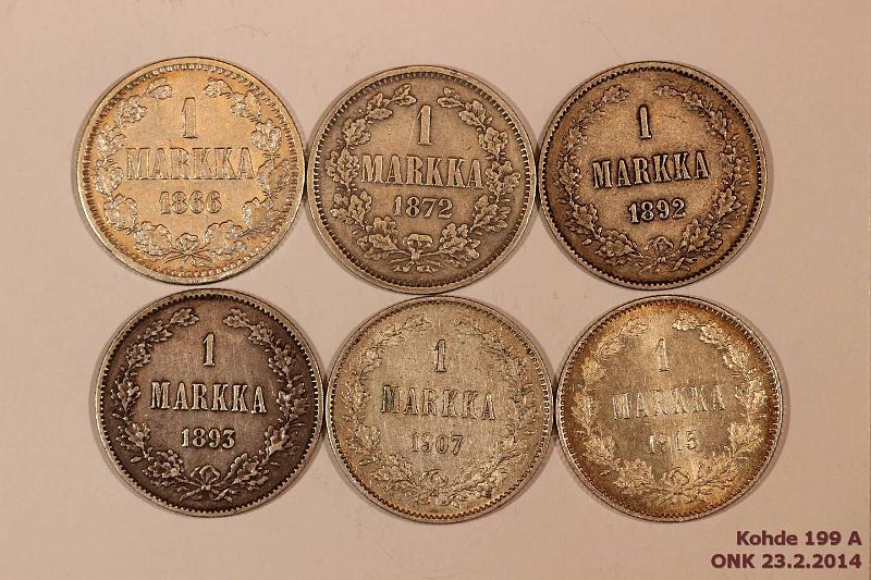 k-0199-a.jpg - Kohde 199, lhthinta: 30 € / myyntihinta: 56 € 1 mk 1866-1915 (6) Ag, 1866, 72, 92, 93,1907, 15, kunto: 3-7