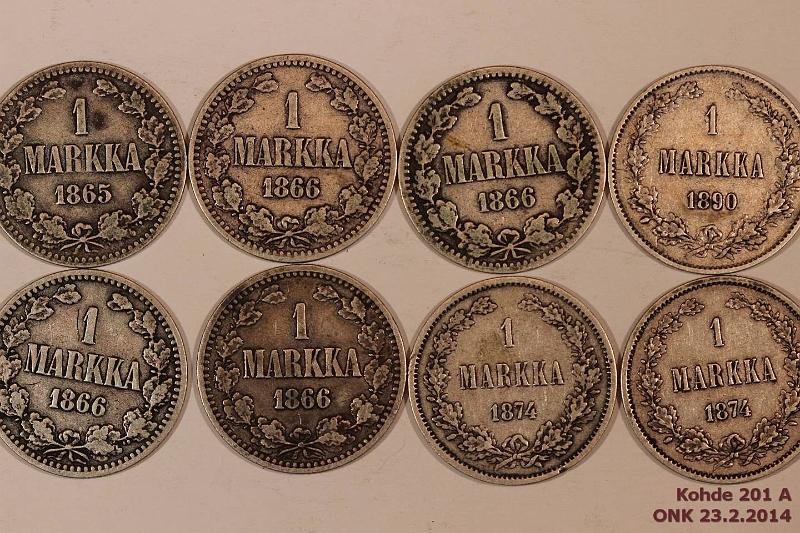 k-0201-a.jpg - Kohde 201, lhthinta: 40 € / myyntihinta: 56 € 1 mk 1865-90 (8) Ag, 1865, 66(4 kpl), 74(2), 90, osassa ep vikoja, kunto: 3-6