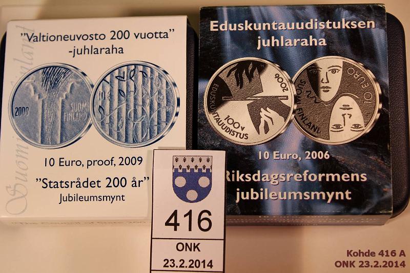 k-0416-a.jpg - Kohde 416, lhthinta: 39 € 2006, 2009 Ag, Proof, Eduskunta + Valtioneuvosto, kotelot + tod., kunto: 10