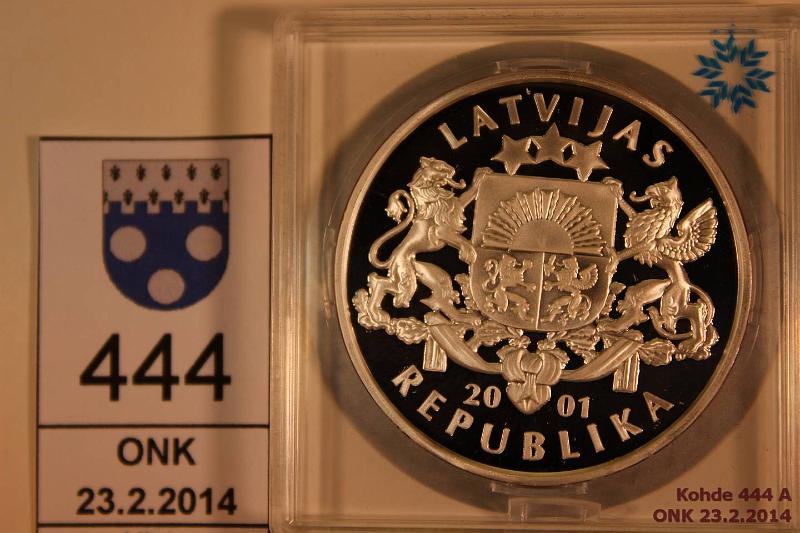 k-0444-a.jpg - Kohde 444, lhthinta: 18 € / myyntihinta: 26 € Latvia 1 lats 2001 Ag, Proof, Salt Lake City 2002, jkiekko, kapseli, kunto: 10