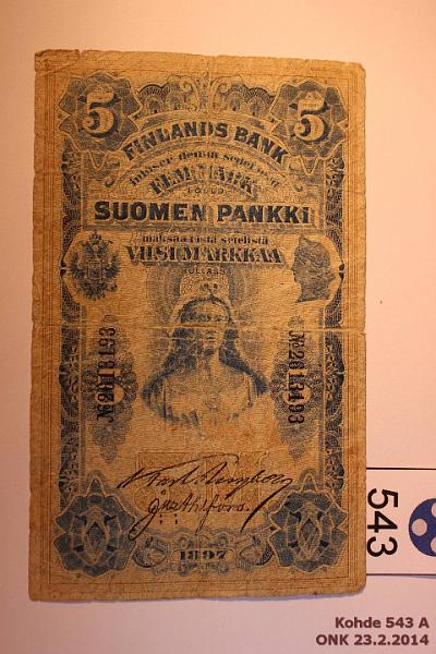 k-0543-a.jpg - Kohde 543, lhthinta: 10 € / myyntihinta: 14 € 5 mk 1897 SNY 129.1 2613193 NYB-Ahl, pehmo, lhes poikki, kunto: 2