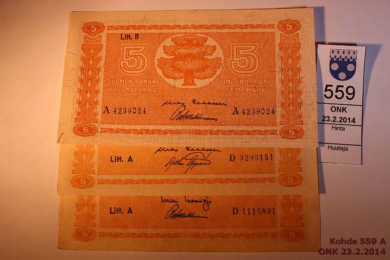 k-0559-a.jpg - Kohde 559, lhthinta: 20 € / myyntihinta: 26 € 5 mk 1945 LA, LB (3) SNY 134.1, 134.2 LA D..TUO-Wah, D..KEK-AAs, LB A..KEK-Wah, kunto: 6,9,8