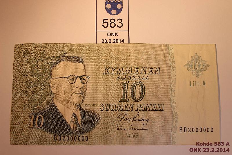 k-0583-a.jpg - Kohde 583, lhthinta: 5 € / myyntihinta: 40 € 10 mk 1963 LA SNY 146.5 BD2000000 KUL-Hes, eprep, erikoinen srjn:o!, kunto: 4