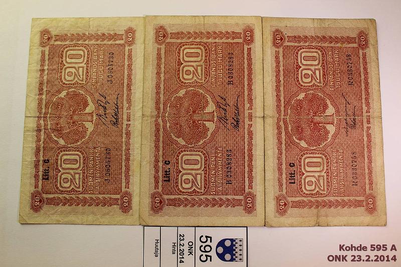 k-0595-a.jpg - Kohde 595, lhthinta: 5 € / myyntihinta: 24 € 20 mk 1922 LC (3) SNY 158.4 B..RYT-Wah, J..RYT-Wah, R..BUR-Wah, vikoja, kunto: 3