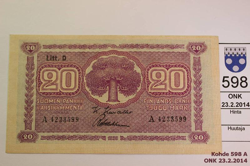 k-0598-a.jpg - Kohde 598, lhthinta: 15 € / myyntihinta: 16 € 20 mk 1939 LD SNY 159.2 A4233599 KIV-Wah, 2 hentoa kulmataitetta, vl II, kunto: 8