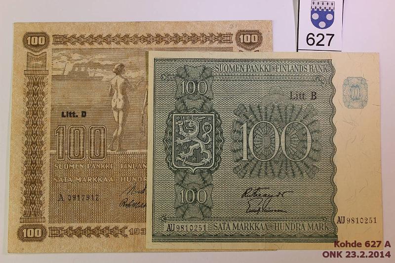 k-0627-a.jpg - Kohde 627, lhthinta: 15 € / myyntihinta: 42 € 100 mk 1939 LD, 45 LB SNY 179.1, 180.2. A0917917 RYT-Wah vl1, keskireik; AU9810251 FIE-Lei, kunto: 4,5