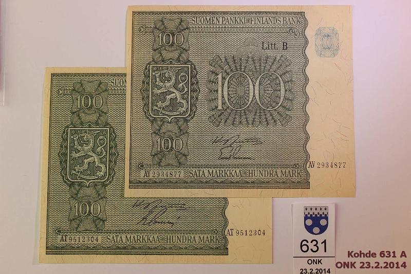 k-0631-a.jpg - Kohde 631, lhthinta: 10 € / myyntihinta: 38 € 100 mk 1945 LB (2) SNY 180.2 AT..JUT-Sac; AV..JUT-Lei, harv. ak parit (v), kunto: 7,6