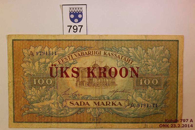 k-0797-a.jpg - Kohde 797, lhthinta: 10 € / myyntihinta: 26 € Eesti 1 kr lispainama 1923 P#61 ks Kroon lispainama Sada Marka -setelill. A9794544, pehme paperi, reiki, prep, kunto: 3