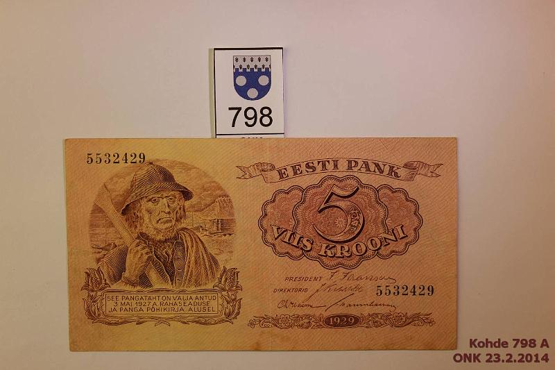 k-0798-a.jpg - Kohde 798, lhthinta: 10 € / myyntihinta: 10 € Eesti 5 kr 1929 P#62 Eesti Pank 5532429, kunto: 5