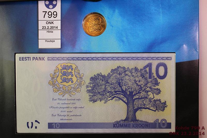 k-0799-a.jpg - Kohde 799, lhthinta: 10 € / myyntihinta: 70 € Eesti 10 kr 2008 P#90 Eesti Pank 9007225, juhlaseteli. Pahvikansio, joissa seloste ja 1 kr 2008 kolikko, kunto: 10