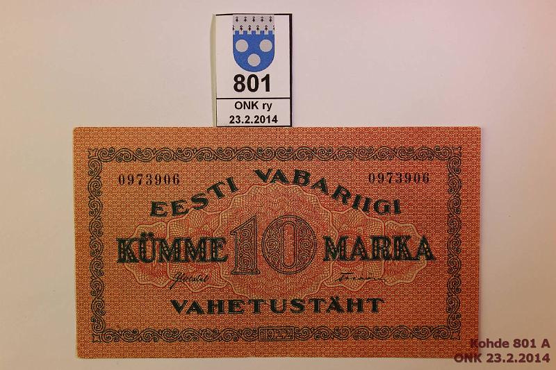 k-0801-a.jpg - Kohde 801, lhthinta: 5 € / myyntihinta: 13 € Eesti 10 marka 1922 P#53 Eesti Vabariigi Vahetustht 0973906, 2 neulanreik, eprep, kunto: 5