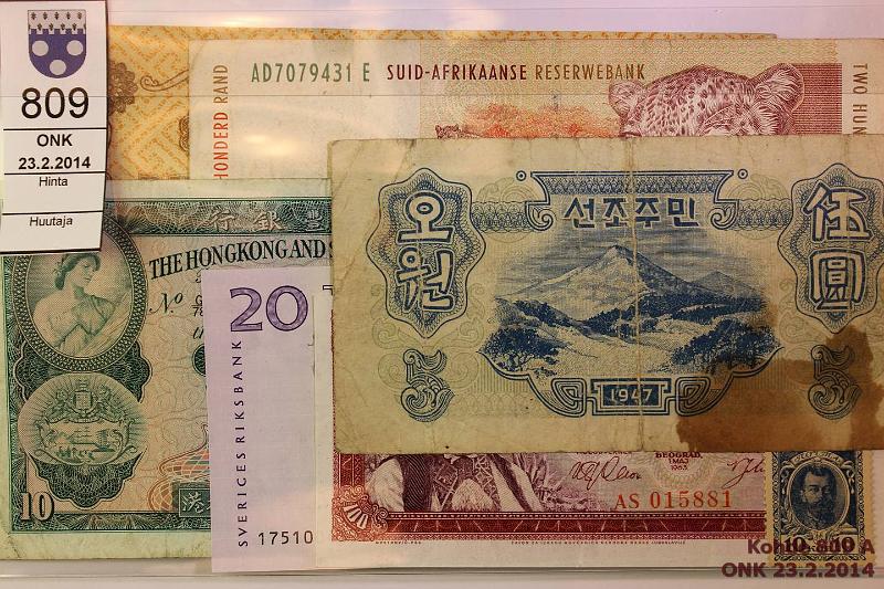 k-0809-a.jpg - Kohde 809, lhthinta: 10 € / myyntihinta: 16 € Er koko maailma 1918-> (7) Honk Kong 10D-81; Pohjois-Korea-47; Etel-Afrikka 200 rand; Ruotsi 20kr (kl9); Venj 1000rpl-18, 10k postimerkkiraha, Jugoslavia 100din-63, kunto: 2-6, 9