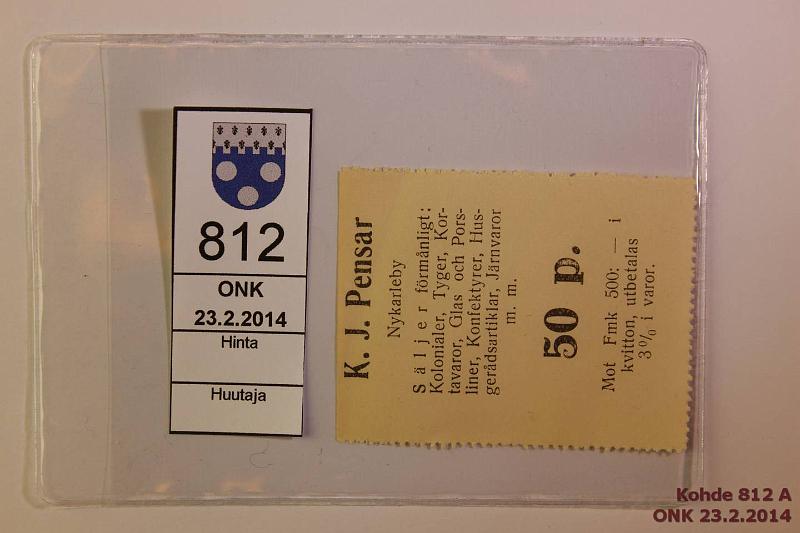 k-0812-a.jpg - Kohde 812, lhthinta: 5 € / myyntihinta: 5 € 50 p K.J. Pensar Nykarleby 50p, kunto: 8