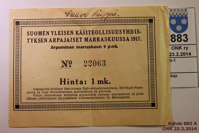 k-0883-a.jpg - Kohde 883, lhthinta: 10 € Arpa 1917 Suomen ksiteollisuusyhdistyksen arpajaiset n:o 22063, km, prep, kunto: 5