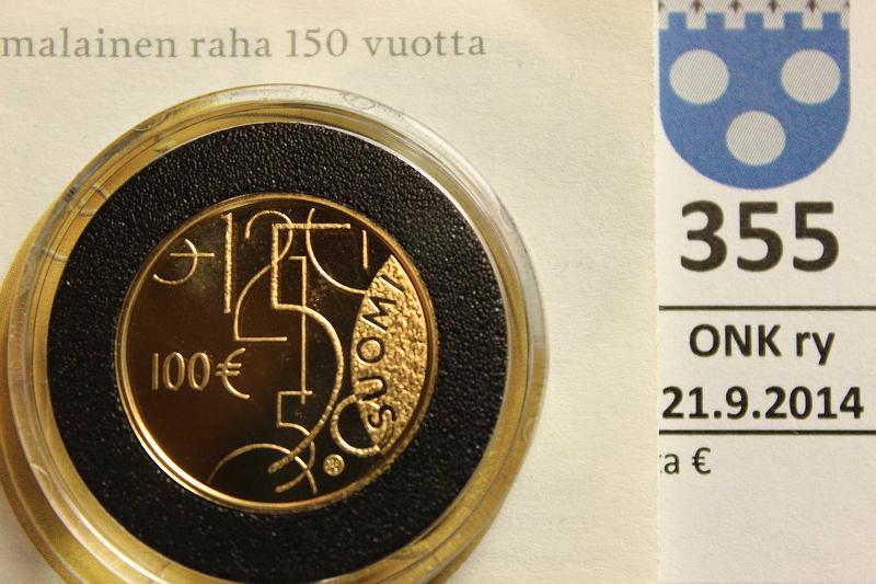 k-0355-a.jpg - Kohde 355, lhthinta: 230 € / myyntihinta: 230 € 100 € 2010 Au, Proof, 5,65g/917, Suom. raha 150 v, puukotelo, tod., kunto: 10